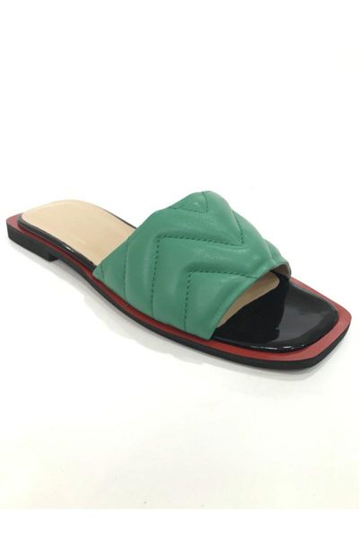 

women's green quilted genuine leather slippers, Black