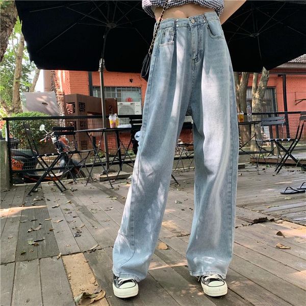 

women's jeans boyfriend women vintage high waist casual wide leg jean pants 2021 korean style all-match harakuju denim p609, Blue