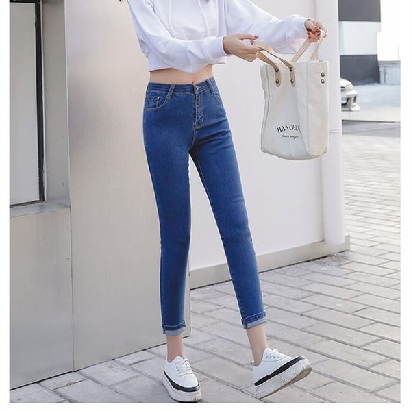 

high waist jeans button ankle- length plus size black for women stretch skinny pencil 8668 women's, Blue