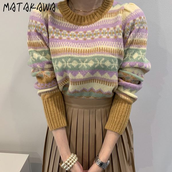 

round neck sweaters autumn and winter retro color jacquard core yarn loose long-sleeved knitted sweater women 210506, White;black