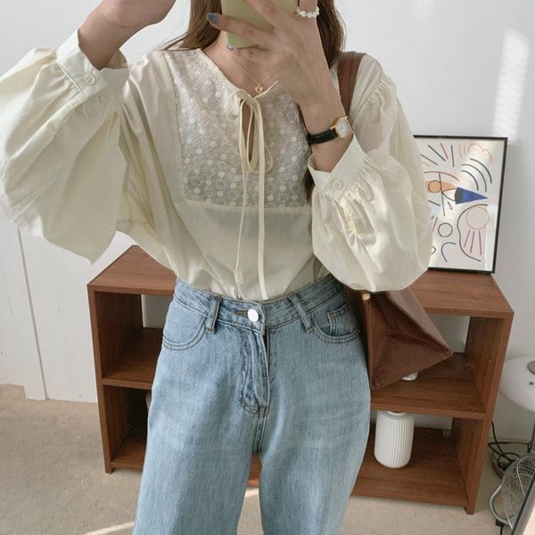

two piece dress vintage loose fashion all match streetwear shirts 2021 lace up female retro chic office lady blouses eteb, White
