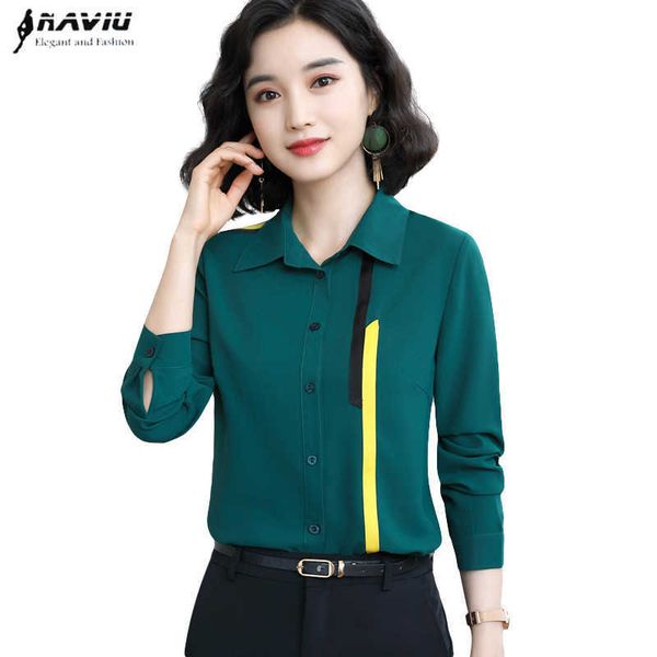 Зеленая рубашка женщины с длинным рукавом осень свободно мода лоскутное шифоновые блузки офисные дамы формальные рабочие вершины 210604
