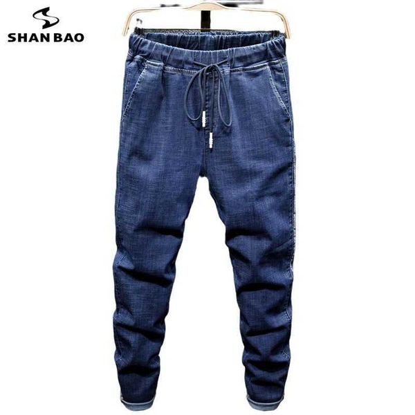 

shan bao fall brand elastic waist drawstring stretch jeans classic style plus size men's harlan loose denim jeans 210531, Blue