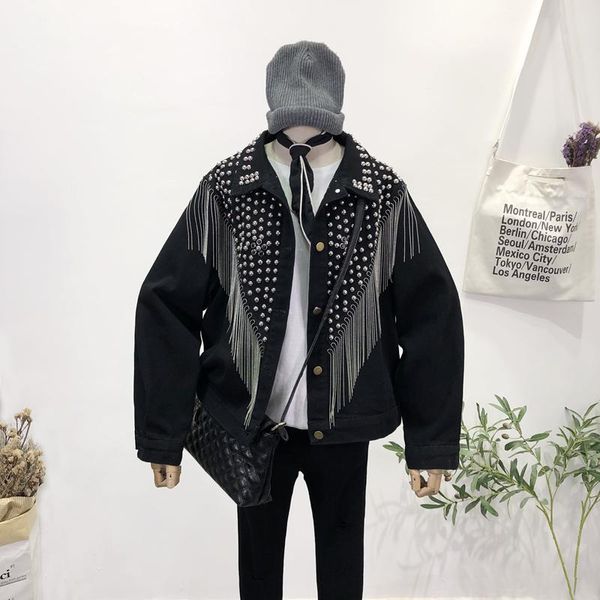 

women's jackets ropa mujer 2021 autumn fashion harajuku denim jacket women winter hand-studded rivet tassel hip hop jeans female veste, Black;brown