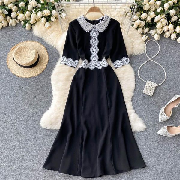 

party dresses fashion summer elegant women lace pan peter collar half sleeve a line black dress ladies vestido, White;black
