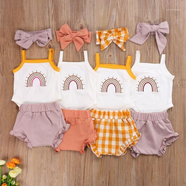 

baby & children's 0-24m born girls clothes rainbow romper jumpsuit shorts pants headband 3pcs outfits set clothing sets1, White