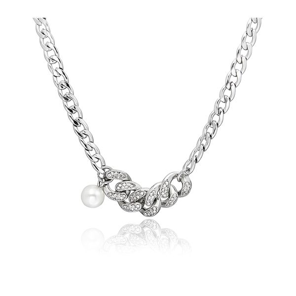 

2021 original necklace male cuban chain pearl splicing simple plain female hip hop accessories, Silver
