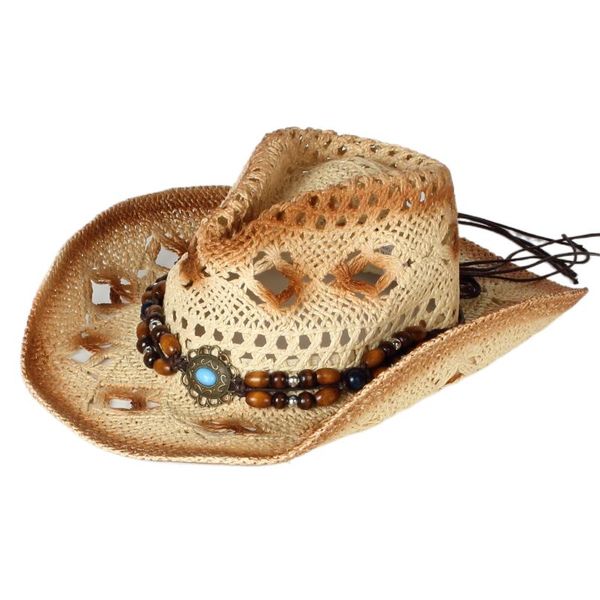 

wide brim hats gradually changing color western cowboy hollow outdoor breathable hand knitted sunshade straw hat for men women, Blue;gray