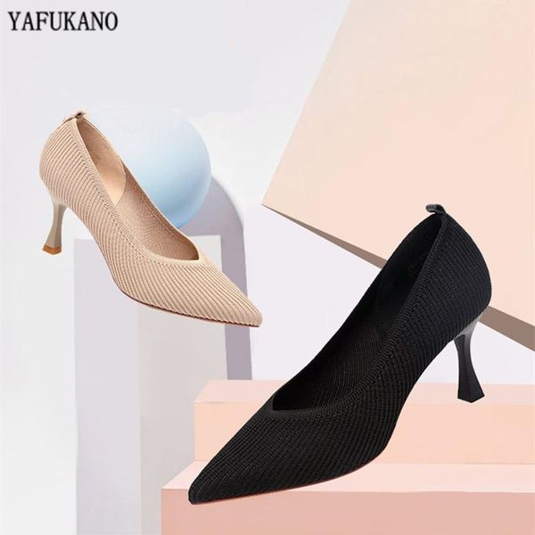 

dress shoes fashion knit elastic fabric party pumps nude color pointed toe women thin high heels mature wedding shoe plus size 40, Black