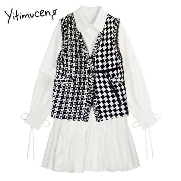 

yitimuceng plaid dress women mini loose spring flounced edge square collar single breasted fashion clothes preppy style 210601, Black;gray