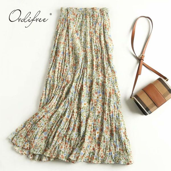 

summer women floral maxi high waist pleated vintage print loose casual long vacation beach skirt 210415, Black