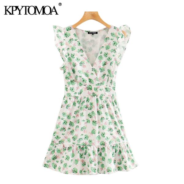 

women sweet fashion floral print ruffled mini dress vintage v neck sleeveless side zipper female dresses vestidos 210416, Black;gray