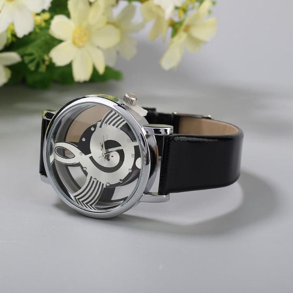 

wristwatches watch musical note notation hollow faux leather strap clock quartz wrist ladies relogio feminino, Slivery;brown
