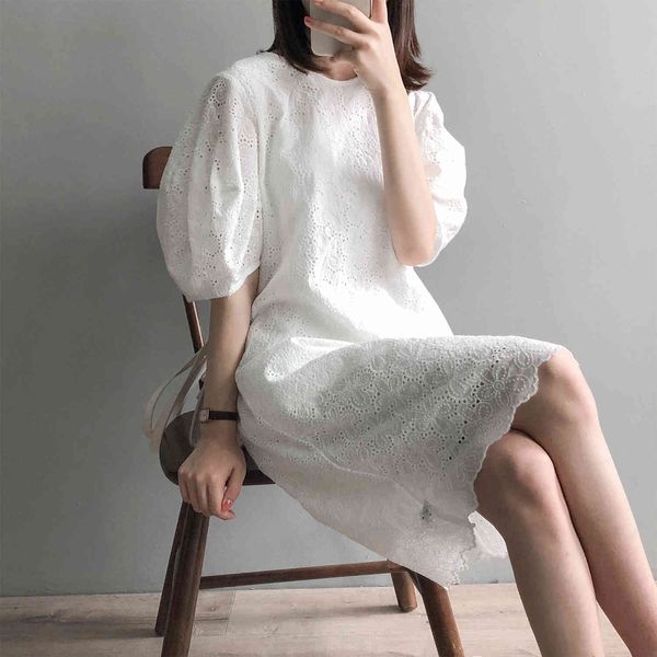

women's t-shirt hollow out lace bubble sleeve 2021 summer korean medium length white vestidos loose slim elegant rcxl