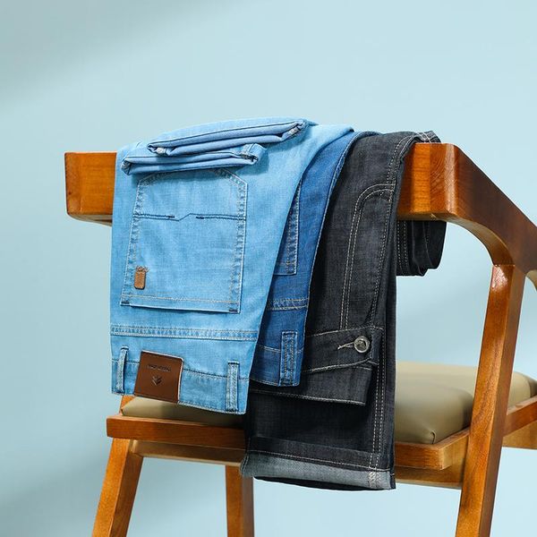

men's jeans 2021 stretch thin classic fashion business casual loose straight-leg pants male high-end brand denim trousers, Blue