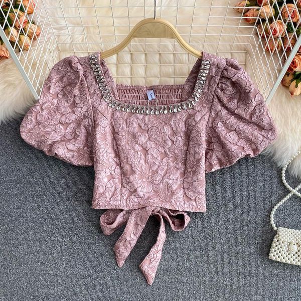 

women's blouses & shirts lace up bow waist short women gemstones neck crop woman square collar dobby, White