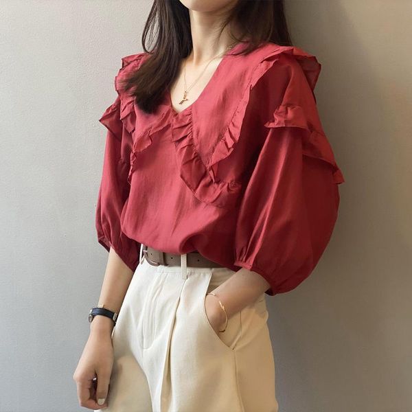 

women's blouses & shirts swiftmovement summer shirt women v-neck ruffle half sleeve fashion office student ladies blouse 2021, White