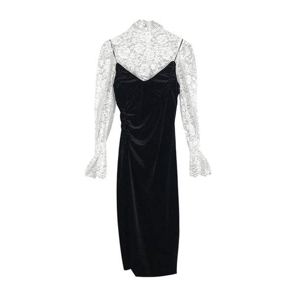 

vintage knee length black sleeveless dress + white lace blouse long flare sleeve d2236 210514, Black;gray