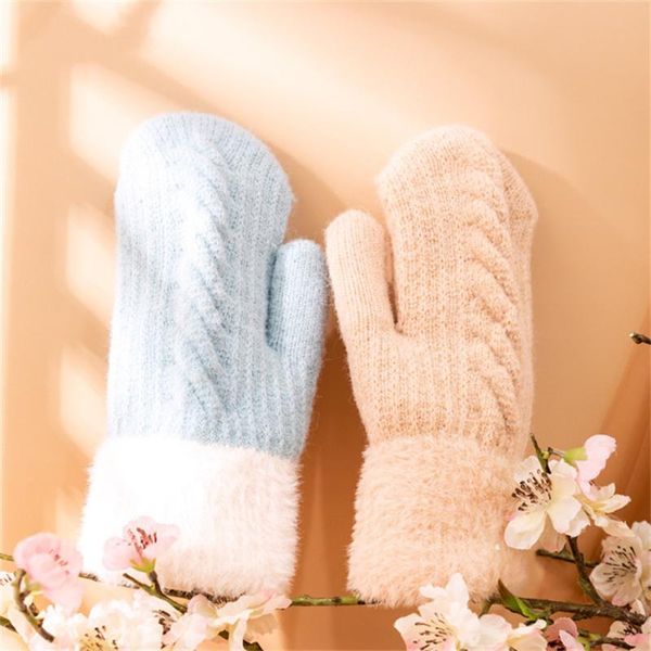 

five fingers gloves women keep warm full finger cycling woolen soft cute lovely plus velvet inside wrist thicken twist knit mittens, Blue;gray