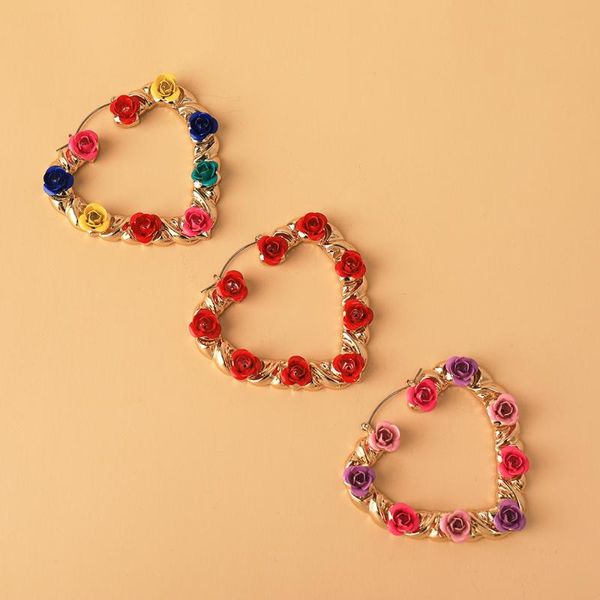 

hoop & huggie colorful rose flower statement buckle earrings for women stylish gold color hollow big love heart earring wholesale jewelry, Golden;silver