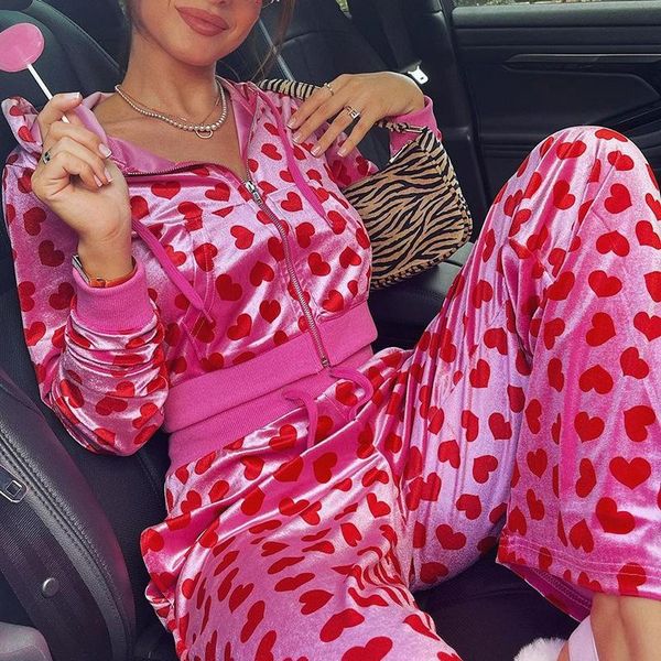 

women's two piece pants autumn style 2021 loose blouse zipper velvet love print hooded sweater suit, White