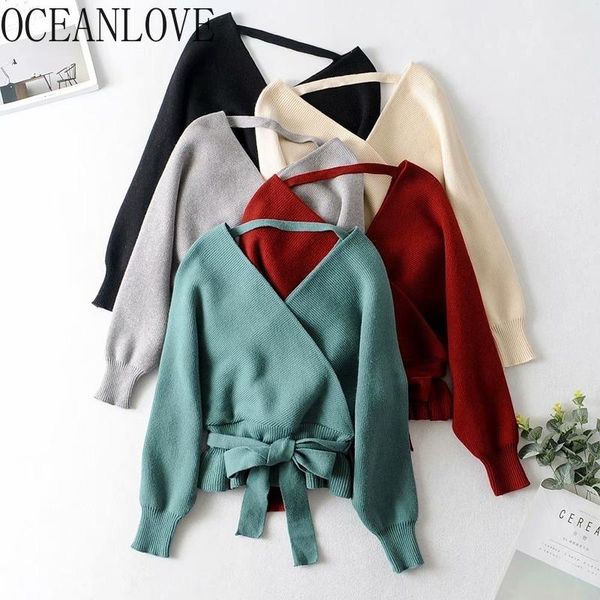 

neck lace up women sweaters solid bow 2021 auutmn winter ladies pullovers elegant short sueter 17975 women's, White;black