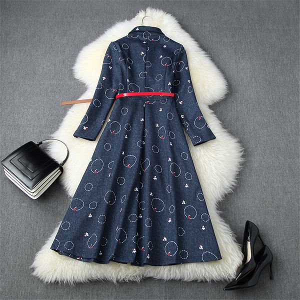 

high female fashion fall winter clothes designer turn down collar print blue denim dress with belt, Black;gray