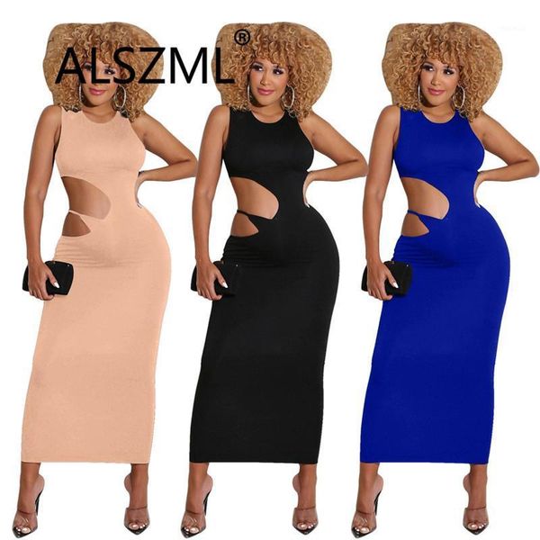 

simple pure color o neck sleeveless hole special design skinny long dress tight club party casual dresses, Black;gray