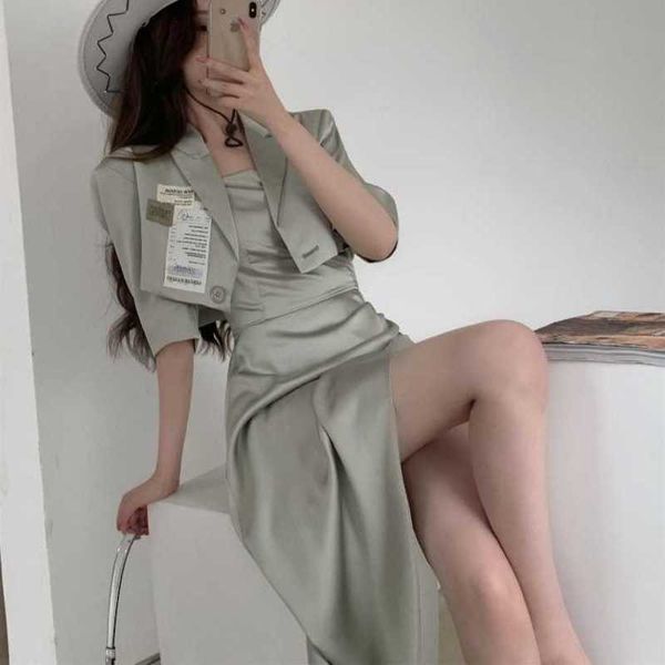 

rui yifan's summer irregular dign hip strap drs + short suit coat, Black;gray