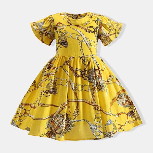 

floral print girls dresses casual button a line children for short sleeve summer dress clothes costume 2021 girl's, Red;yellow