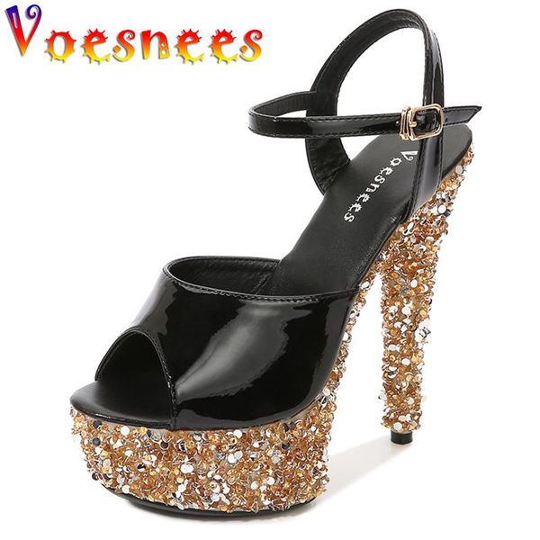 

sandals summer women shoes bling patent leather buckle temperament heels peep toe party, Black