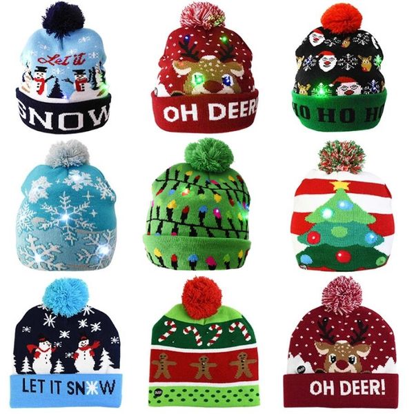 LED Noel Şapka Kazak Beanie Santa Elk Light Up Çocuklar için Örme Kap Parti Favor Xmas 2021 Yeni Yıl Süslemeleri