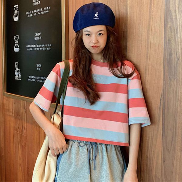 

women's t-shirt european rainbow stripe short sleeve in early spring zjvj, White