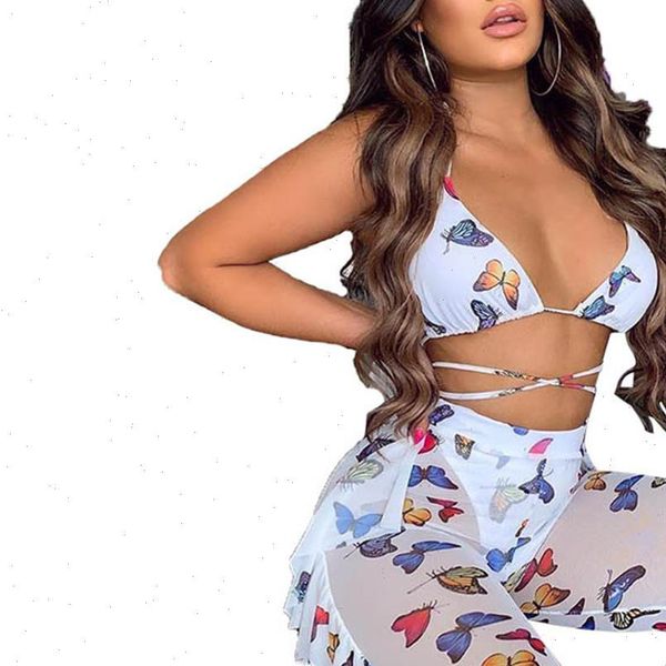 

see through beach bra womens tracksuits trousers deep v neck butterfly printed clothes lace up loose flowing pants summer, Gray