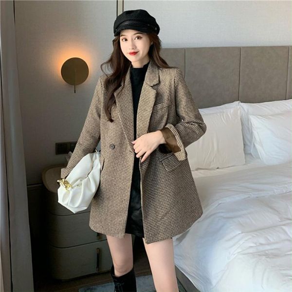 

women's wool & blends vintage plaid women coats winter turn-down collar long-sleeved pocket thicken warm office lady elegant jackets, Black