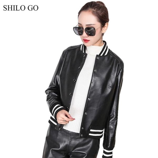 

women's jackets shilo go leather jacket womens spring fashion sheepskin genuine coat o neck long sleeve single breasted baseball, Black;brown