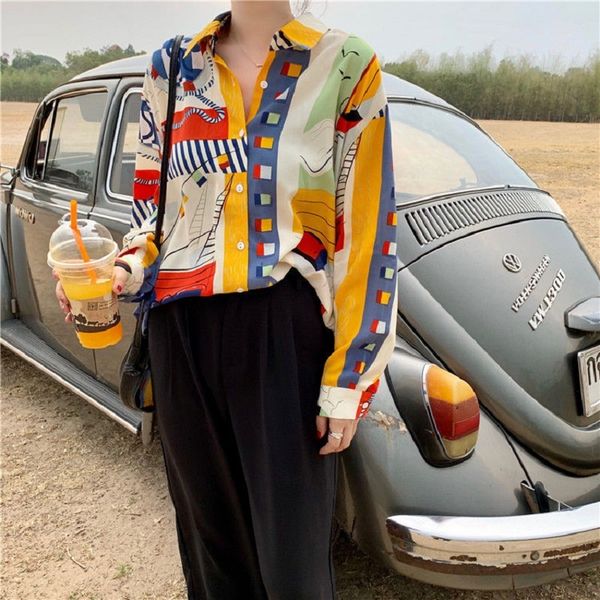 

summer bohemian long sleeve women shirt blouse chic oversize button print ladies shirts y2k turn-down collar female 210521, White