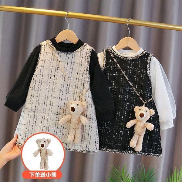 

baby girl fashion clothing set sweaters plaid dress cute bear,kids girls spring autumn elegant suits children clothes wear, White