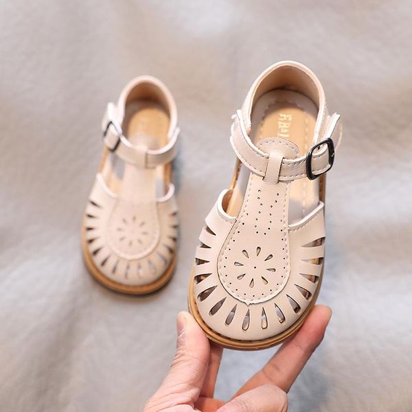 

sandals girls 2021 summer kids t strap leather shoes hollow outs princess round toe baby children beach toddlers, Black;red