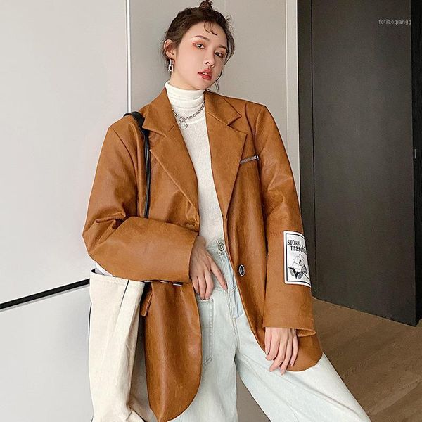 

women's jackets fashion casual oversize pu leather women vintage brown notched collar motorcycle harajuku straight, Black;brown