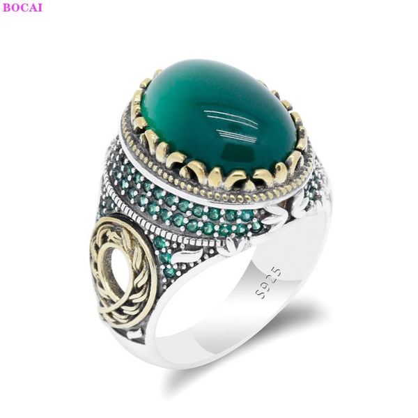

cluster rings 100% s925 sterling silver ring middle east retro black green agate lapis lazuli pure argentum gemstone for men, Golden;silver