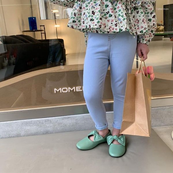 

korean style spring teenagers girls jeans skinny elastic waist wathet pants kids clothes e2121, Blue