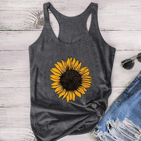 

womens cami sunflower print tank women sleeveless o neck vest camisetas tirantes mujer polyester loose debardeur femme, White