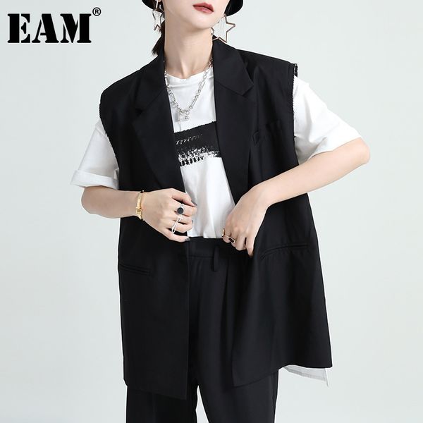

[eam] women black casual spliced pleated pockets loose fit vest lapel sleeveless fashion spring summer 1dd8605 210512, Black;white
