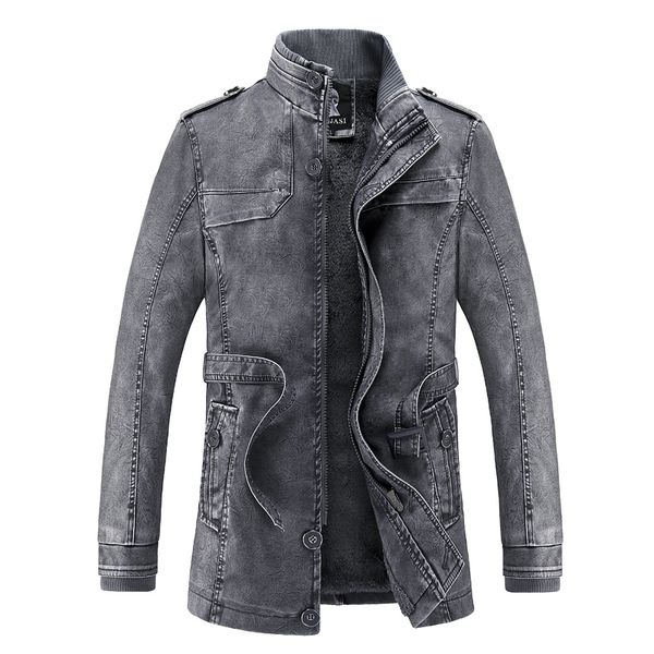 Giacca in pelle classica da uomo stile alla moda colletto alla coreana cintura in vita lavata cappotti lunghi in pelle PU trench da uomo moto frangivento