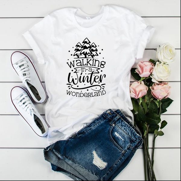 

walking winter christmas printed tee women t shirts clothes graphic, White