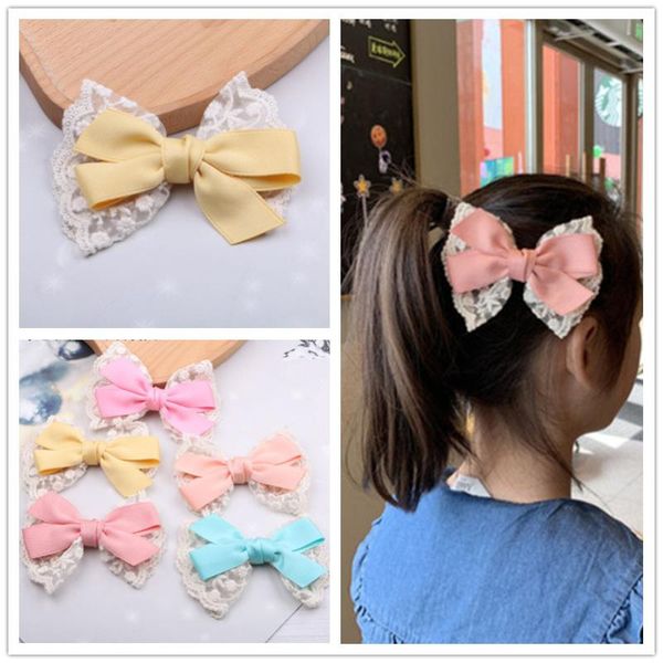 

hair accessories 2021 sweet girl beautiful colorful fabric lace bow hairpin headwear fashion cute children duckbill clip, Slivery;white
