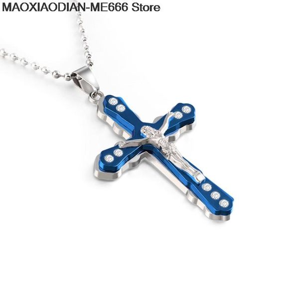 

pendant necklaces fashion religious cross necklace man jesus crucifix beads chain jewelry gifts for men, Silver