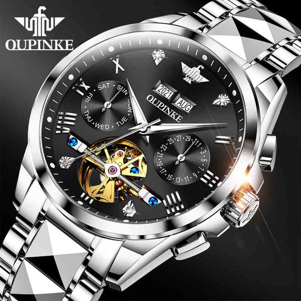 

oupinke original automatic watch for men mechanical sapphire mirror waterproof watches luxury brand stainless steel wristwatch, Silver