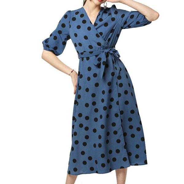 

casual dresses 2021 fashion high-quality goods leisure fall wave point printed chiffon v-neck long-sleeved dress, Black;gray